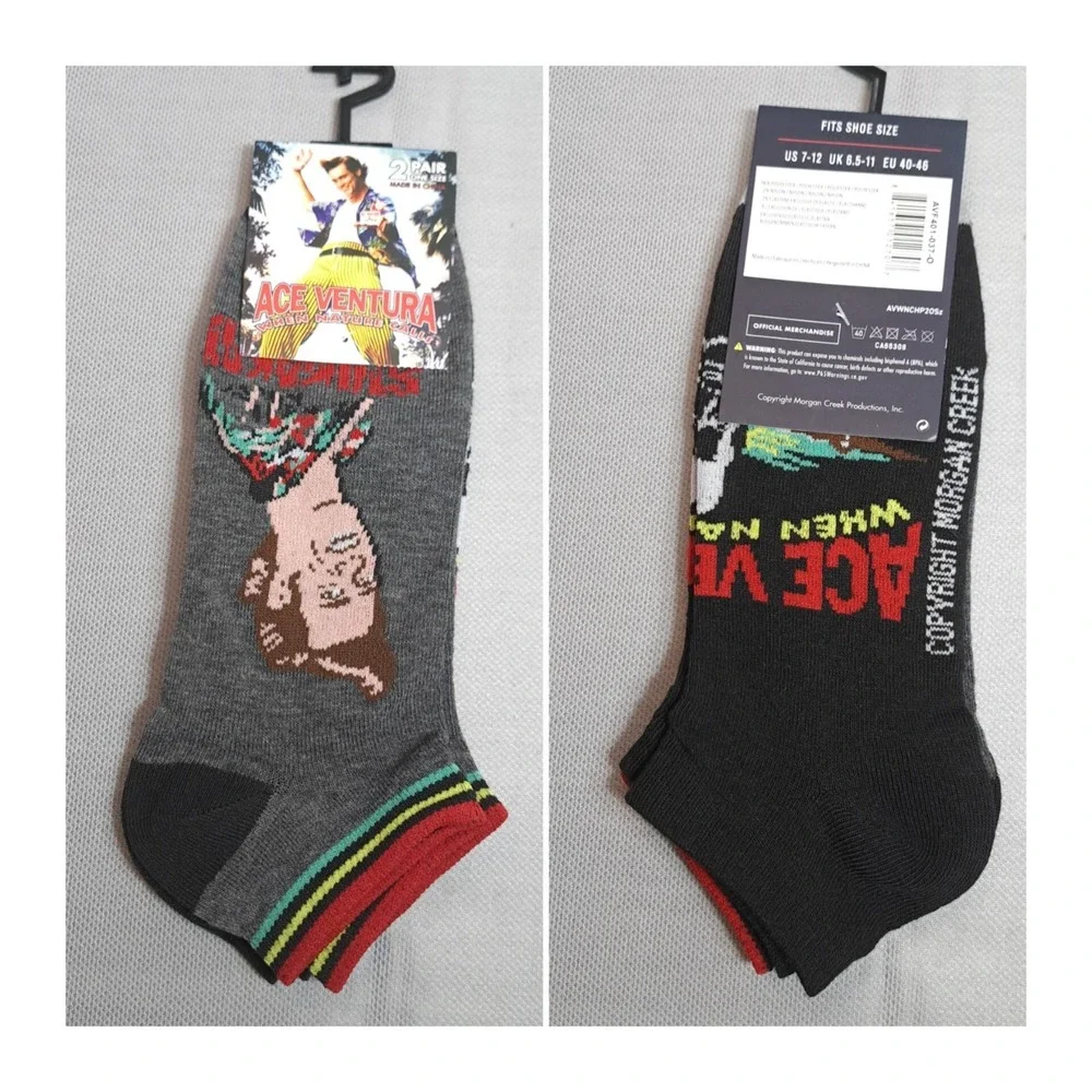 2 Pair One‎ Size ACE VENTURA Low-Cut Socks Size 7-12 Novelty Jim Carey